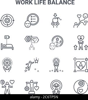 ensemble de 16 icônes de ligne vectorielle de concept d'équilibre de vie professionnelle. icônes 64x64 de traits fins telles que la priorité, le repos, la motivation, profiter, l'équilibre, le bien-être, meditatio Illustration de Vecteur