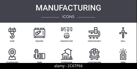 ensemble d'icônes de ligne de concept de fabrication. contient des icônes utilisables pour le web, le logo, l'interface utilisateur/ux, comme la machine, le tapis de convoyeur, l'espace réservé, le magasin, la machine de tournage Illustration de Vecteur