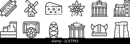 12 icônes linéaires d'europe. icônes aux contours fins telles que stonehenge, gate, football, porte de brandebourg, roquefort, moulin à vent pour le web, mobile Illustration de Vecteur