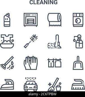 jeu de 16 icônes de lignes vectorielles de nettoyage. icônes 64x64 à trait fin telles que lave-vaisselle, lavage, lavage à la main, séchage, lavage de voiture, brosse, balai, technolog Illustration de Vecteur