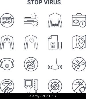 ensemble de 16 icônes de ligne de vecteur de concept de virus d'arrêt. icônes 64x64 à traits fins telles que la poussière, les poumons humains, la carte, le nez, thermique, les animaux, les virus, test, valise Illustration de Vecteur