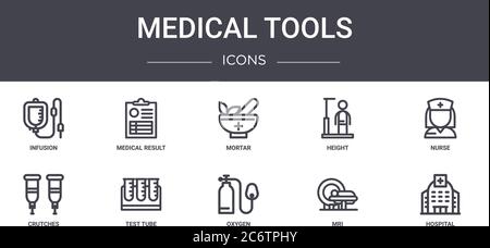 ensemble d'icônes de ligne de concept d'outils médicaux. contient des icônes utilisables pour le web, le logo, l'interface utilisateur/ux, telles que résultat médical, la hauteur, les béquilles, l'oxygène, l'irm, l'hôpital, nurs Illustration de Vecteur
