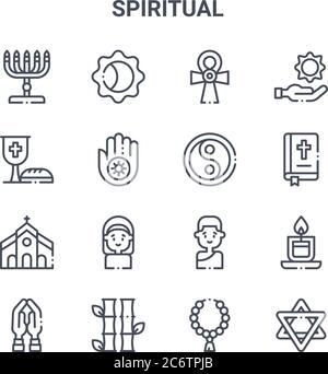ensemble de 16 icônes de ligne de vecteur de concept spirituel. icônes 64x64 à traits fins telles que eclipse, vin, bible, bouddhiste, bambou, étoile de la navigation, rosaire, yin yang, Illustration de Vecteur