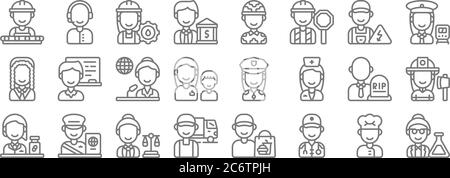 icônes de ligne de travailleurs clés. set linéaire. ensemble de lignes de vecteur de qualité comme scientifique, paramédical, conducteur, pharmacien, sous-preneur, journaliste, chef d'orchestre, soldi Illustration de Vecteur