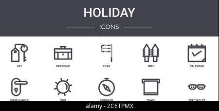 ensemble d'icônes de ligne de concept de vacances. contient des icônes utilisables pour le web, le logo, l'interface utilisateur/ux, telles que porte-documents, arbre, poignée de porte, boussole, serviette, lunettes, calendrier, Illustration de Vecteur