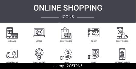 jeu d'icônes de ligne de concept d'achat en ligne. contient des icônes utilisables pour le web, le logo, l'interface utilisateur/ux comme un ordinateur portable, un tee-shirt, une voiture de livraison, une main, une main, un panier, Illustration de Vecteur