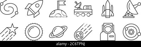 12 ensemble d'icônes d'espace linéaire. icônes de contour mince telles que système solaire, astéroïde, soleil, vaisseau spatial, lune, fusée pour web, mobile Illustration de Vecteur