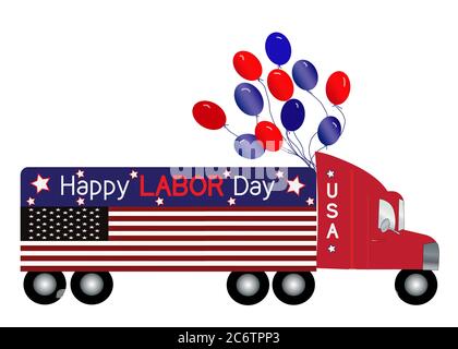 Fête des Etats-Unis, Fête du travail, illustration graphique d'un grand semi-camion décoré patriotiquement avec le drapeau américain sur toute la longueur du camion Banque D'Images