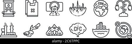 ensemble de 12 icônes de contour mince telles que la terre, la pollution de l'air, le crâne, co, la pollution de l'eau, pas de sacs en plastique pour le web, mobile Illustration de Vecteur