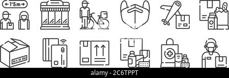 12 ensemble d'icônes de livraison linéaire. icônes de contour mince telles que le liveur, la médecine, la méthode de paiement, avion, pilote, supermarché pour le web, mobile Illustration de Vecteur