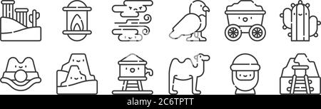 12 icônes linéaires du désert. icônes aux contours fins comme la mine, le chameau, la montagne, le chariot, le sandstorm, lampe à huile pour le web, mobile Illustration de Vecteur