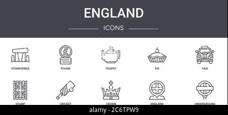 ensemble d'icônes de la ligne de concept de l'angleterre. contient des icônes utilisables pour le web, le logo, ui/ux tels que la livre, la tarte, le timbre, la couronne, l'angleterre, le métro, le taxi, la théière Illustration de Vecteur