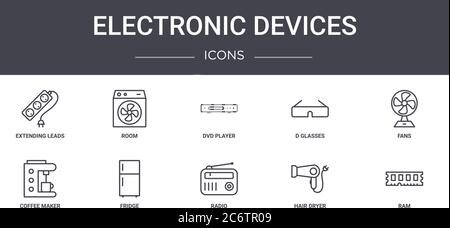 jeu d'icônes de ligne de concept d'appareils électroniques. contient des icônes utilisables pour le web, le logo, l'interface utilisateur/ux comme la chambre, d verres, cafetière, radio, sèche-cheveux, ram, f Illustration de Vecteur