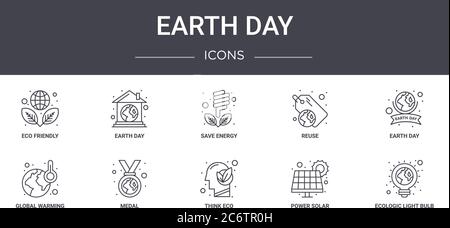 ensemble d'icônes de la ligne concept jour de la terre. contient des icônes utilisables pour le web, le logo, ui/ux tels que jour de la terre, réutilisation, réchauffement de la planète, pensez eco, énergie solaire, ecologi Illustration de Vecteur