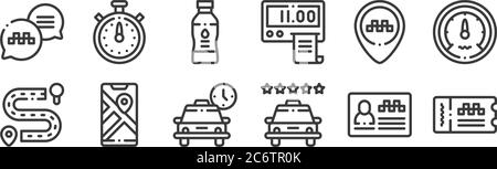 12 ensemble d'icônes de service de taxi linéaire. icônes de contour mince telles que le billet, la classification, le gps, l'espace réservé, l'eau, le chronomètre pour le web, mobile Illustration de Vecteur