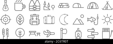 icônes de ligne de camping. ensemble linéaire. ensemble de ligne de vecteur de qualité comme allumettes, lampe, avion, satay, pêche, sac à dos, tente, bois, café Illustration de Vecteur