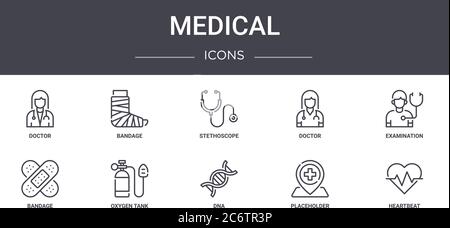 ensemble d'icônes de ligne de concept médical. contient des icônes utilisables pour le web, le logo, l'interface utilisateur/utilisateur comme le bandage, le médecin, le bandage, l'adn, l'espace réservé, le battement de cœur, l'examen, Illustration de Vecteur