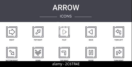 ensemble d'icônes de ligne de concept de flèche. contient des icônes utilisables pour le web, le logo, l'interface utilisateur/ux telles que haut à droite, arrière, bas à droite, haut à droite, pause, tourner à gauche, lecture Illustration de Vecteur