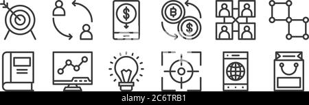 12 icônes linéaires d'entreprise. icônes de contour mince telles que sac d'achats, cible, analyse, équipe, banque mobile, équipe pour le web, mobile Illustration de Vecteur