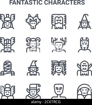 jeu de 16 icônes de lignes vectorielles de concept de caractères fantastiques. icônes 64x64 à traits fins telles que cerberus, odin, kitsune, medusa, elf, necromancer, alien, we Illustration de Vecteur