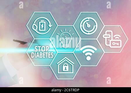 Écriture texte écriture Arrêter diabète. Photo conceptuelle prévenir la maladie de l'élévation du taux de glucose dans les grilles sanguines et de la configuration différente de la Banque D'Images