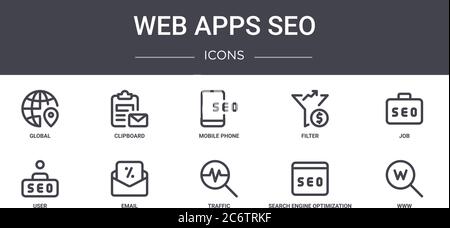 applications web seo concept line icons set. contient des icônes utilisables pour le web, le logo, l'interface utilisateur/ux tels que le presse-papiers, le filtre, l'utilisateur, le trafic, l'optimisation des moteurs de recherche, Illustration de Vecteur