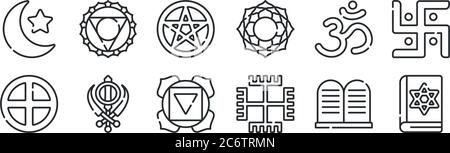 ensemble de 12 icônes de contour mince telles que le juif, le paganisme, le sikhisme, l'hindouisme, wicca, visuddha pour le web, mobile Illustration de Vecteur