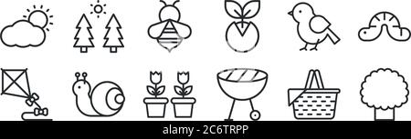 ensemble de 12 icônes de contour mince telles que arbre, gril, escargot, oiseau, abeille, forêt pour web, mobile Illustration de Vecteur