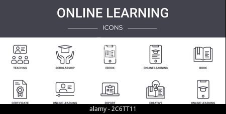 jeu d'icônes de ligne de concept d'apprentissage en ligne. contient des icônes utilisables pour le web, le logo, l'interface utilisateur/ux tels que la bourse, l'apprentissage en ligne, le certificat, le rapport, la création Illustration de Vecteur