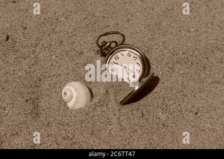 Une coquille et une chaîne de clés de montre de poche dans le sable. Banque D'Images