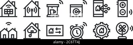 ensemble de 12 icônes de contour mince telles que ventilateur, alarme, musique, commande, cafetière, wifi pour le web, mobile Illustration de Vecteur