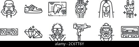 ensemble de 12 icônes à contour fin telles que cassette, uzi, diamant, hip hop, graffiti, baskets pour le web, mobile Illustration de Vecteur