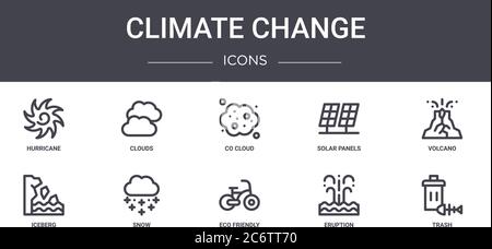 ensemble d'icônes de la ligne de concept du changement climatique. contient des icônes utilisables pour le web, le logo, l'interface utilisateur/ux comme les nuages, les panneaux solaires, l'iceberg, écologique, l'éruption, les déchets Illustration de Vecteur