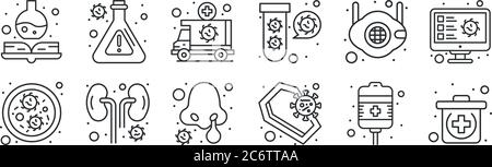 jeu de 12 icônes de contour mince telles que kit de premiers soins, cercueil, reins, masque médical, ambulance, ballon pour le web, mobile Illustration de Vecteur