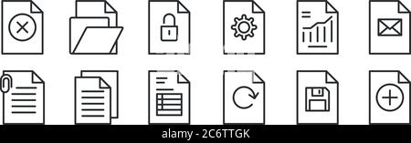 ensemble de 12 icônes de contour mince telles que ajouter, mettre à jour, copier, rapport, déverrouiller, dossier pour le web, mobile Illustration de Vecteur
