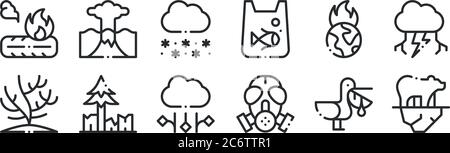 ensemble de 12 icônes de contour mince comme l'ours polaire, le masque à gaz, la déforestation, le réchauffement de la planète, le flocon de neige, l'éruption pour le web, mobile Illustration de Vecteur