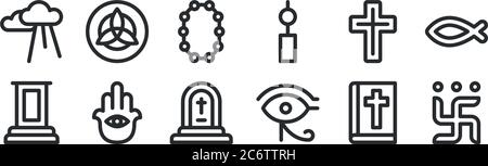 ensemble de 12 icônes de contour mince telles que swastika, oeil de ra, hamsa, croix, perles, sainte trinité pour le web, mobile Illustration de Vecteur