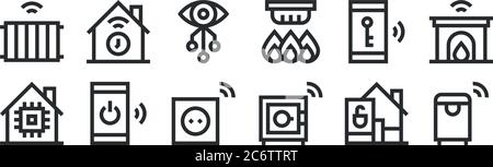 ensemble de 12 icônes de contour fin telles que la corbeille intelligente, la boîte de sécurité, l'alimentation, la clé intelligente, la vision, le minuteur pour le web, le mobile Illustration de Vecteur