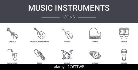 jeu d'icônes de ligne de concept d'instruments de musique. contient des icônes utilisables pour le web, le logo, ui/ux tels que instrument de musique, piano, saxophone, batterie, dholak, djem Illustration de Vecteur