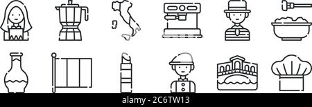 ensemble de 12 icônes de contour mince comme chef, homme, italie, gondolier, italie, cafetière pour le web, mobile Illustration de Vecteur