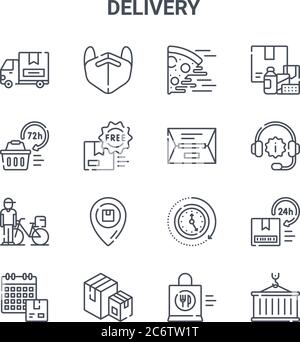jeu de 16 icônes de ligne vectorielle de concept de livraison. icônes 64x64 à trait fin telles que masque, heures, assistance clientèle, horloge, boîtes, conteneur, livraison de nourriture, p Illustration de Vecteur