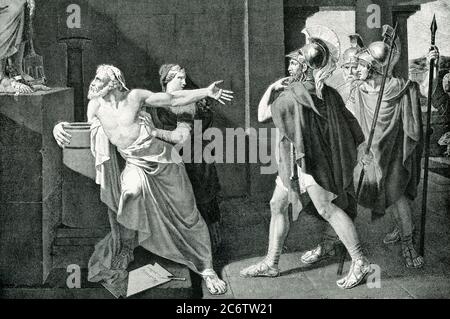 Mort de Demosthenes. La mort de Demosthenes (384-322 av. J.-C.) , un des plus grands orateurs de l'histoire, était aussi tragique que sa vie l'avait été. Il a cherché par son éloquence à préserver la liberté d'Athènes contre Alexandre le Grand et ses successeurs; mais Athènes a été subjugué et Demosthénes s'est enfui pour sa vie, poursuivie par ses ennemis. Ils l'auraient même tiré du temple de Neptune, où il avait cherché refuge, accrochant aux pieds de la statue de dieu. Vu qu'il n'y avait pas d'espoir, il a pris du poison, qu'il avait préparé auparavant. Il est ensuite passé du temple avec calme et dignité, disant : « Banque D'Images