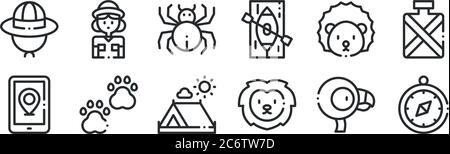 ensemble de 12 icônes de contour mince telles que boussole, lion, pattes, hérisson, araignée, explorer pour web, mobile Illustration de Vecteur