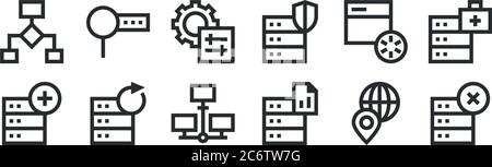 ensemble de 12 icônes de contour mince telles que l'informatique, la base de données, l'actualisation, le chargement, le serveur, la recherche de web, mobile Illustration de Vecteur