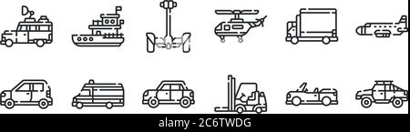 ensemble de 12 icônes de contour mince telles que voiture, chariot élévateur, ambulance, transport, segway, navire pour le web, mobile Illustration de Vecteur