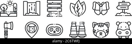 ensemble de 12 icônes de contour mince telles que hippopotame, binoculaire, cascade, papillon, directionnel, cascade pour le web, mobile Illustration de Vecteur