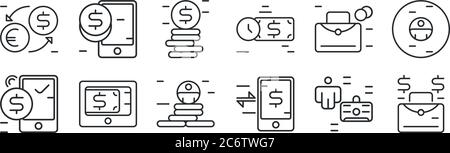 ensemble de 12 icônes de contour mince telles que sac d'argent, fonds, passerelle de paiement, sac à main, pièce, banque mobile pour le web, mobile Illustration de Vecteur