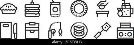 ensemble de 12 icônes de contour mince telles que la boombox, saucisses, réfrigérateur, poubelle, soda canette, sandwich pour le web, mobile Illustration de Vecteur