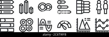 ensemble de 12 icônes de contour fin, telles que graphique en courbes, indicateur de vitesse, infographie, éléments d'infographie, boucle, graphique à barres pour le web et les mobiles Illustration de Vecteur