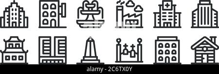 ensemble de 12 icônes de contour mince telles que la cabine, la cimenterie, le bâtiment de bureau, l'hôpital, la fontaine, l'hôtel pour le web, mobile Illustration de Vecteur